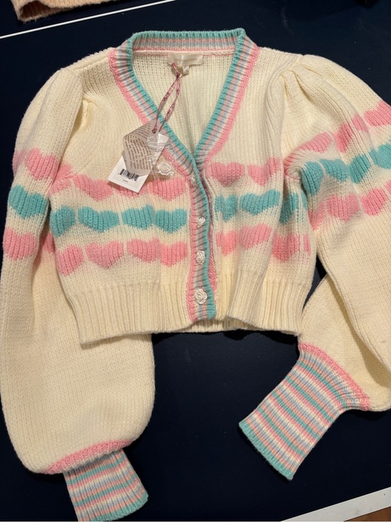 LoveShackFancy Sweaters - LoveShackFancy Cream Cardigan with Pink and Teal Heart Stripes